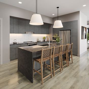 Modern kitchen island with woven counter seating